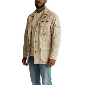 Vintage 90s Khaki Safari Animal Print Lining Cotton Gorpcore Chore Coat Size XL